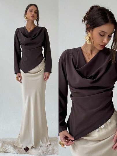 Aloruh Women's Elegant Solid Color Asymmetric Hem Blouse Fall Clothes Fall Clothes For Women All Outfits Women Fall Outfits For Women Fall Outfits Autumn Clothes Women's Fall Clothes Teacher Outfits For Women Teacher  Teacher Outfits Teacher Clothes Teacher Shirts Business Casual Woman  Business Casual Outfits Women Business Casual  Business Casual Women  Office Commuting Collar Brown Shirt Slim Temperament Asymmetrical Hem,Fall Tops Elegant Women's Blouses Chic Blouses For Women Brown Blouse