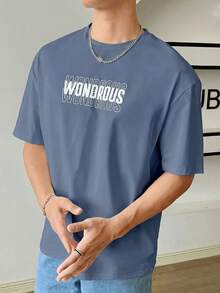 SWAVVY Men's Casual Letter Print Short Sleeve T-Shirt, Summer - Blue - View 3