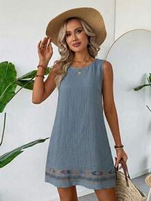 SHEIN LUNE 夏季休闲沙滩度假棉麻质感杏色无袖连衣裙（女款） - 藍色 - 查看 4