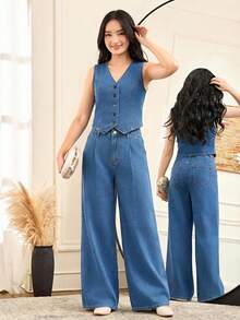 2 Peças Conjunto de Roupas Streetwear Versátil de Design Vintage Y2k Legal e Confortável para Meninas Adolescentes, Jaqueta Denim Curta Solta e Confortável e Calça Denim Plissada Confortável, Roupas Diárias e Roupas de Primavera a Verão para Meninas Adolescentes e Crianças, Roupas de Streetwear para Festivais e Raves - Azul - Visão 3