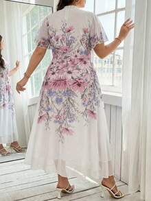 Breezaya 大码印花雪纺系领连衣裙 - 白色 - 查看 2