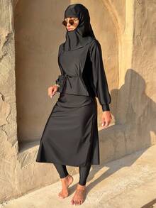 Swim Mulvari Women's Modest Solid Color Burkini Set - Black - View 5