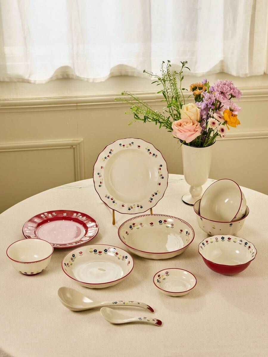 Cirelle Vajilla de cerámica esmaltada de alta temperatura con platos con diseño floral de SOLECASA, fácil de limpiar, apta para microondas y lavavajillas - Rojo y blanco - Ver 1