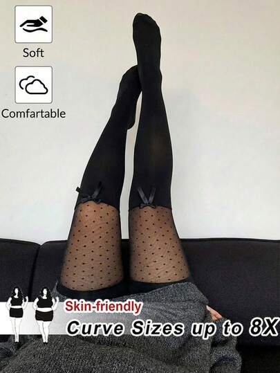 SHEIN CURVE+ Plus-Size Women's Black Romantic Elegant Polka Dot Jacquard Stitching With Bowknot Decoration High Elasticity Tights Bowknot Stockings Polka Dot Knee Socks Transparent Tights