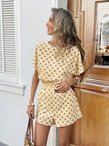 SHEIN LUNE 女士休闲波点短袖衬衫和短裤两件套，适合夏季、度假、通勤和日常穿着 - 鵝黃色 - 查看 5