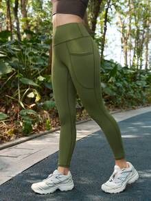 In My Nature Women's Solid Color High Waist Seamless Outdoor Leggings Workout Leggings With Pocket High Elasticity Yoga Pants - Army Green - View 5