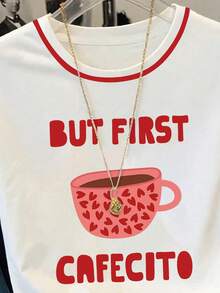 Resyla “但首先是咖啡”咖啡图案条纹袖撞色圆领T恤，Y2K美学咖啡印花条纹袖休闲T恤，学院风“咖啡”咖啡图案撞色滚边上衣，咖啡爱好者图案条纹袖夏季T恤，可爱“但首先是咖啡”印花撞色领休闲T恤 - 白色 - 查看 3