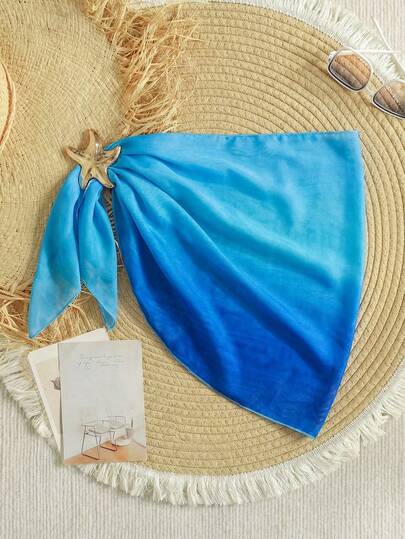 SHEIN 少女美人鱼蓝色渐变色侧系带雪纺裙，夏季度假休闲/泳衣罩衫/泳装罩衫/儿童泳衣罩衫/金属海星装饰沙滩裹裙