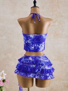 Bellisia 女士扎染拼接荷叶边吊带背心式泳衣套装，时尚海滩度假之选 - 紫色 - 查看 2