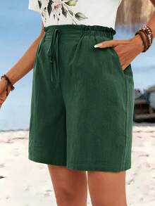 Sylviya 休闲纯色棉麻短裤 - 墨綠色 - 查看 3