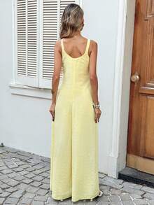 SHEIN LUNE 女士休闲纹理连体裤，适合夏季度假、通勤和日常穿着，无袖宽松款 - 淡黃色 - 查看 2