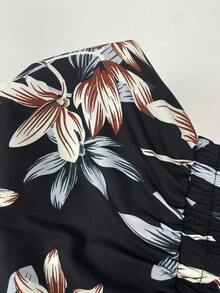 EMERY ROSE 女士纯色圆领短袖上衣和印花阔腿裤套装，夏季两件套 - 黑與白 - 查看 7