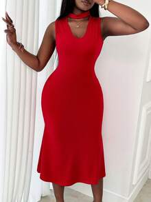 Xyvia 女士红色纯色高领镂空V领无袖修身鱼尾连衣裙，优雅性感，适合生日、约会、派对、情人节、劳动节、复活节、正式场合、婚礼、花园写真、街头风等各种场合，春夏新款时尚必备单品。 - 紅色 - 查看 7