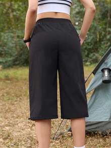 SHEIN In My Nature Women's Elastic Waist Drawstring Outdoor Running Capri Pants - Black - View 7