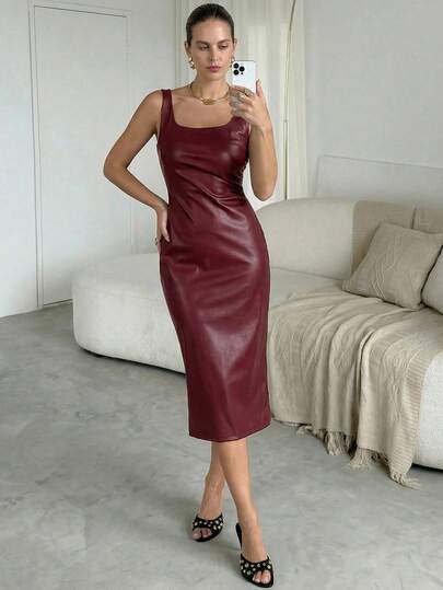 Lavishia Square Neck Pleated Camisole PU Dress, New Year Dress