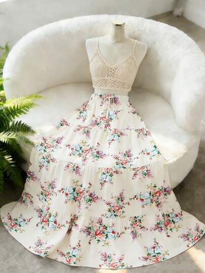 GlowEve New Arrival Summer French Casual Elegant Fashion Pleated Waist Elastic Waist Loose A-Line Long Skirt, Unique Delicate Ditsy Floral For Women