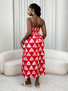 Xyvia 女士红白数码几何印花吊带束腰喇叭连衣裙，休闲度假风，活力四射，适合狂欢节、劳动节、复活节、返校派对、海滩度假、旅行、夏季街头风等场合。春夏新款必备时尚小众设计，百搭吊带束腰喇叭连衣裙。 - 紅白色 - 查看 2
