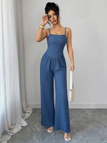 Elenzga Bộ áo liền quần không tay màu trơn dáng rộng dành cho nữ, thích hợp cho mùa hè. - Màu xanh hải quân - Xem 8