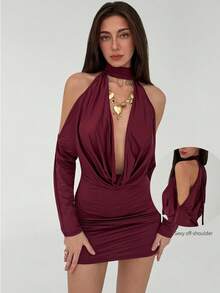 Aloruh Women's Plunging Neck Cold Shoulder Burgundy Mini Dress,Elegant Wedding Guest Evening Formal Party Dress For Winter,Techno Date Night Out Rave - Cherry Red - View 2