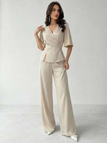Firerie Women's New Niche Design Elegant Business Casual Commute Versatile Surplice V-Neck Flutter Sleeve Belted Top And Elastic Waist Wide Leg Pants Set - Apricot - View 6