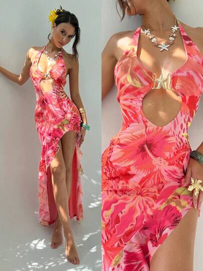 Aloruh Women's Floral Print Waist Hollow Slit Hem Backless Maxi Vacation Dress Summer Summer Outfits Summer Clothes Beach Outfits For Woman  Beach Vacation Vacation Outfits Woman Boho Tropical Vacation Woman Clothe Tropical Vacation Woman Clothe Fairycore Floral Ruffle Vacation Vacation Outfits Women Holiday Outfits For Women  Summer Holiday Outfits Vacation  Vacation Outfits For Women      Summer Vacation Outfits  Beach Vacation Outfits For Women
