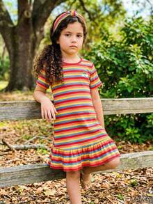 SHEIN Young Girl Casual Colorful Striped Ruffle Hem Dress, Summer - Red - View 5