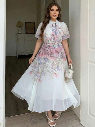 Breezaya Plus Size Floral Print Chiffon Tie Collar Dress