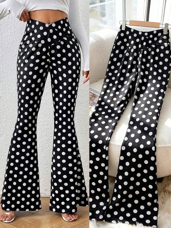 Chiquease Women Casual Polka Dot Print V Waist Flare Pants Fall Cloth For Women