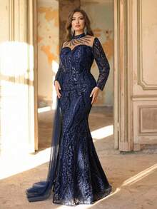 Aureia Plus Size Elegant Navy Blue Spring Formal Evening Prom Gown,Luxurious Beaded Embroidered Sheer Long Sleeve Fitted Fishtail Hem Dress For Wedding Party - Blue - View 7