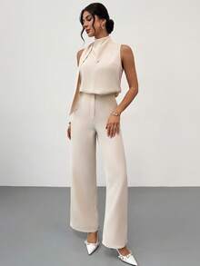 Firerie Women's Elegant Minimalist Fashion Commuter Urban Chic New Daily Casual Flowy Collar Sleeveless Blouse And High Waist Long Pants Apricot 2-Piece Set - Apricot - View 4