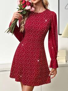 SHEIN Clasi Women's Heart Print Mesh Patchwork Mini Dress - Burgundy - View 2