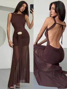 Aloruh 女士时尚优雅无袖露背紧身连衣裙 - 咖啡 - 查看 2