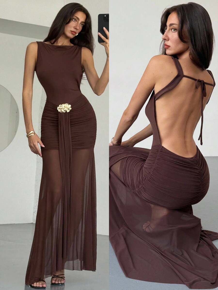 Aloruh 女士时尚优雅无袖露背紧身连衣裙