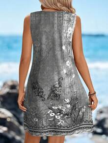 Sylviya Đầm chữ A không tay cổ tròn đính vòng kim loại, họa tiết hoa, kiểu dáng thường ngày, thanh lịch, thích hợp cho kỳ nghỉ, đường phố, váy ngắn cho nữ, đầm đi nghỉ mát, đầm thường ngày, đầm dự tiệc, đầm hè, đầm mùa hè thường ngày. - Xám - Xem 2