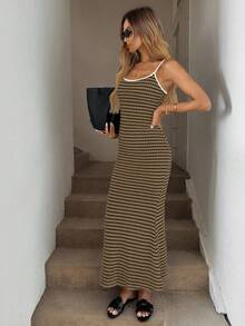Easowa 黑白条纹修身无袖连衣裙，休闲度假/音乐节穿搭 - 棕色 - 查看 3