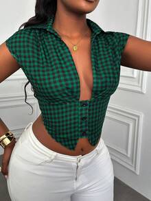 Xyvia 女士春夏新款复古休闲格子V领纽扣短款短袖衬衫，百搭日常穿着 - 綠色 - 查看 3