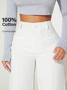 SHEIN PETITE 高腰阔腿夏季连衣裙裤，100%纯棉 - 白色 - 查看 4