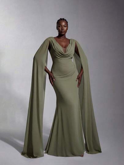 Elitara Plus Size Elegant Dark Gray-Green Chiffon Draped Neck Shoulder Luxury Rhinestone Decor Fish Tail Maxi Dress, Suitable For Dates, Vacations, Singles Parties, Weddings, Bridesmaid Events, Formal Occasions