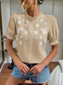 Easowa 女士休闲刺绣纯棉白衬衫，适合度假穿着 - 卡其色 - 查看 3