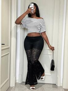 Xyvia 女士黑色蕾丝弹力腰喇叭裤，高端设计，修身显瘦，优雅精致，适合情人节、复活节、劳动节、生日礼物、约会、派对、活力穿搭、旅行、春夏下装，春季新款必备时尚单品，小众设计，百搭单品 - 黑色 - 查看 6