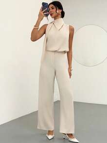 Firerie Women's Elegant Minimalist Fashion Commuter Urban Chic New Daily Casual Flowy Collar Sleeveless Blouse And High Waist Long Pants Apricot 2-Piece Set - Apricot - View 6