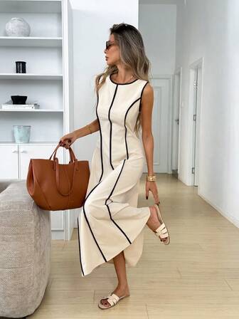 Easowa Women's Elegant Summer Sleeveless Round Neck Color Block Dress,Beige Waist-Cinched Maxi Dress Casual Long Outfits,Tea Party Black And White