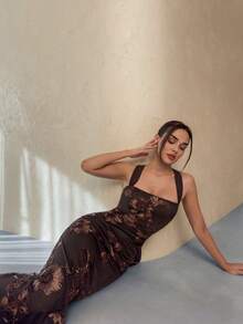 SHEIN Allurite 女士亮片装饰长裙，时尚 - 咖啡 - 查看 3