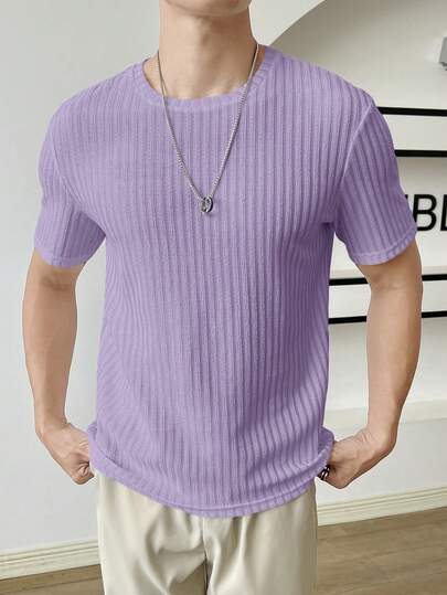 SWAVVY Camiseta de punto de manga corta y unicolor casual y elástica para hombre, de verano
