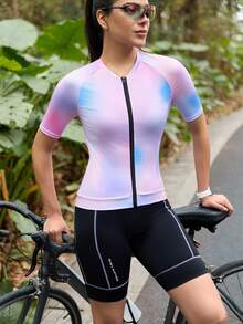 SHEIN In My Nature Women's Cycling Jersey - Summer Racing Short Sleeve, MTB Top With Zipper & Back Pockets - Pink - View 3