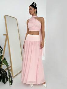 Firerie 女士优雅春夏浪漫海滩度假婚礼宾客伴娘约会派对生日舞会飘逸不对称上衣和高腰薄纱裙两件套，粉色 - 粉色 - 查看 5