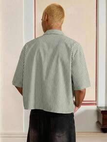 SWAVVY 男士休闲条纹印花宽松短袖衬衫，适合春夏季穿着 - 綠色 - 查看 2