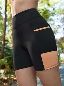 SHEIN In My Nature 女士撞色拼接高腰无缝户外短裤 - 黑色 - 查看 6