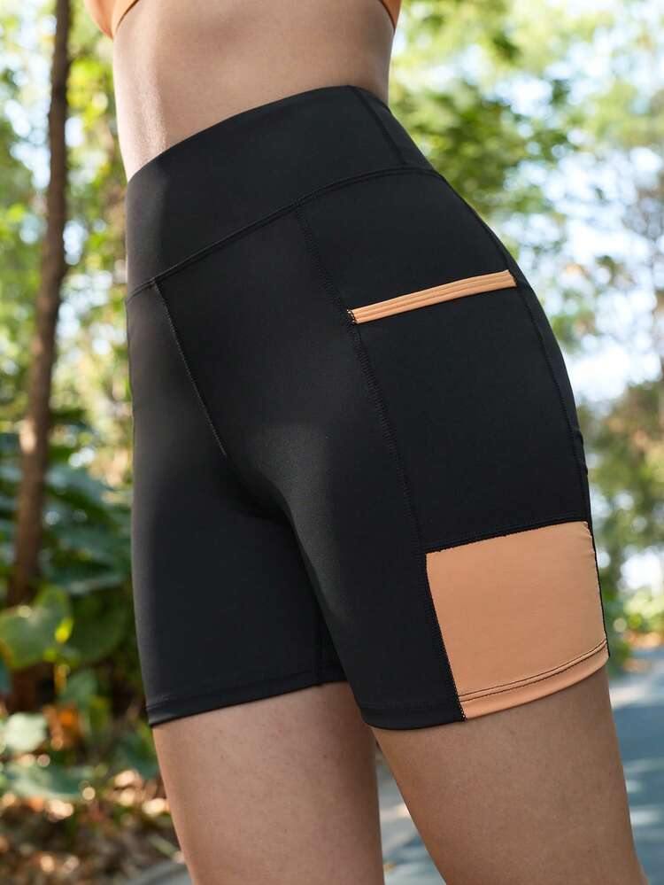 SHEIN In My Nature Women's Contrast Color Splicing High Waist Seamless Outdoor Shorts - Black - View 5