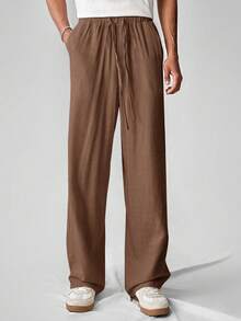 SWAVVY Men's Woven Casual Daily Solid Color Linen-Like Straight Leg Pants - Brown - View 3